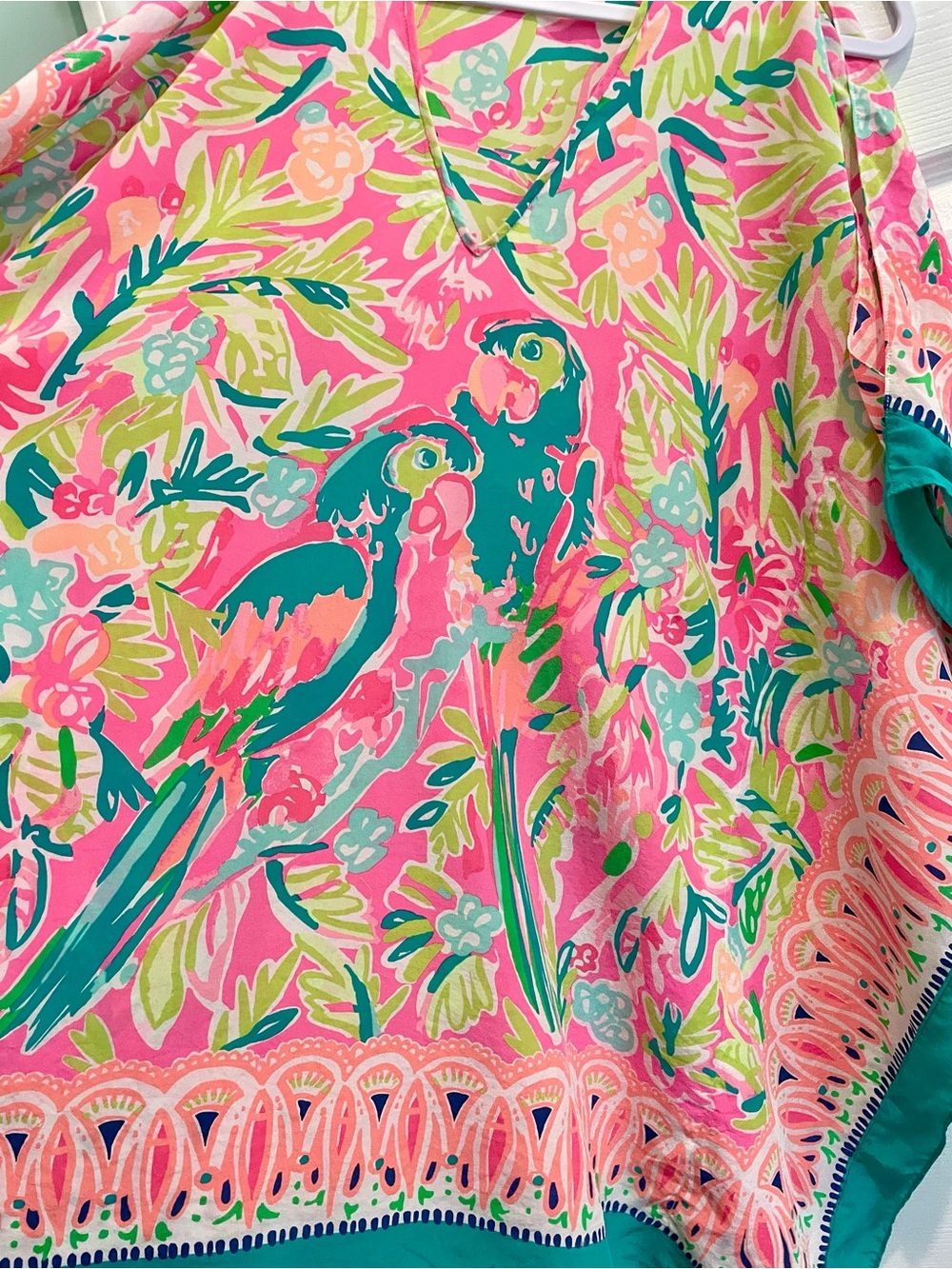 Lilly Pulitzer Atlin Silk Caftan Dress – Tiki Pink Bird of Paradise – S/M - Picture 5 of 16